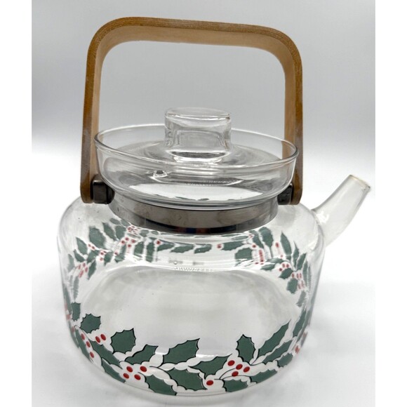 Christmas Handblown Tea Kettle Holly Berry Pattern Heat Resistant Glass Cookware - Picture 3 of 9